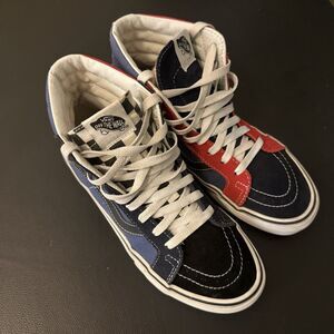 Vans Sk8 Off the Wall Red Blue Suede Canvas Checkered Hi Top Men 7 Women 8.5